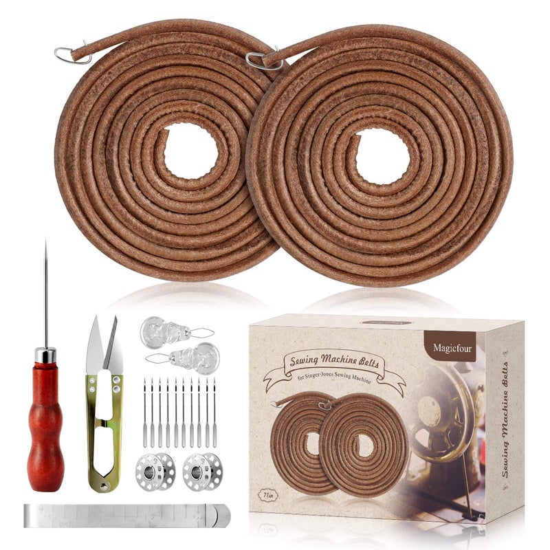 Magicfour Treadle Sewing Machine Belt for Singer/Jones, 2 Pack 71" 3/16" Leather Belt with Hook for Treadle Sewing Machine, Accessories Included - Image 1